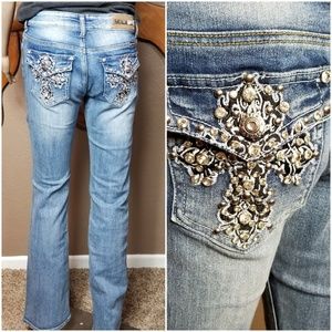 34 Inch Inseam Cross Embroidered Biker Jeans